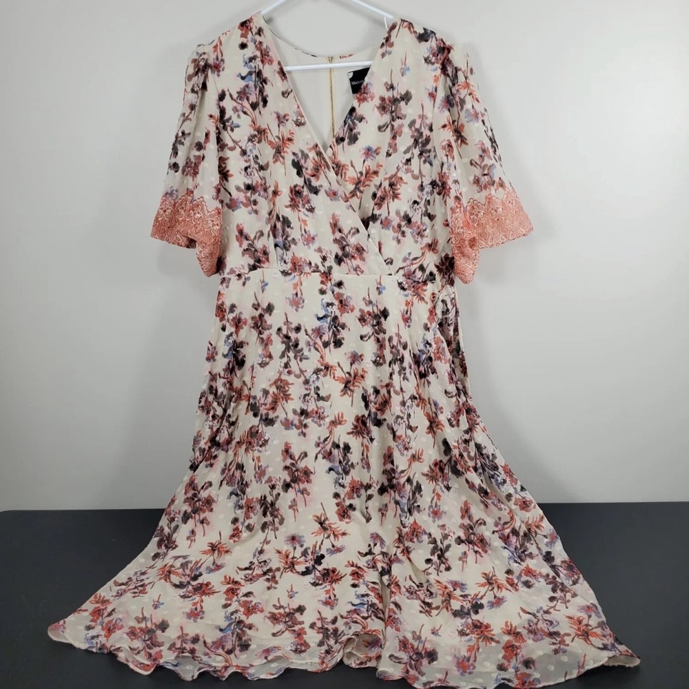 MAISON TARA Surplice DRESS SLEEVES Floral Swiss Dot Midi Dress Multicolor.